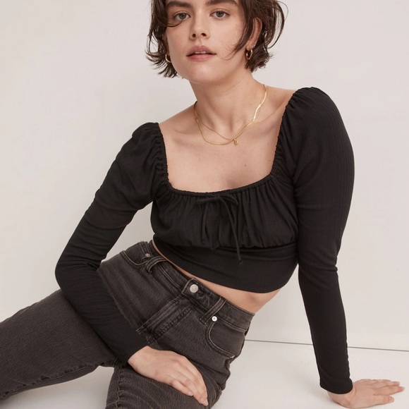 NWT Madewell Ribbed Square-Neck Long-Sleeve Top in Black - Picture 2 of 11